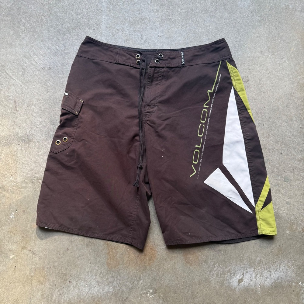 Volcom Mens Board Shorts Brown Green White Geometric Logo Swim Trunks 31"